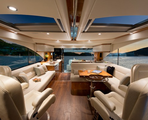 Riviera 565 - Two large sliding glass sunroof hatches bring light and fresh air into the 565's spacious and comfortable saloon, which has a comfortable seat for everyone
