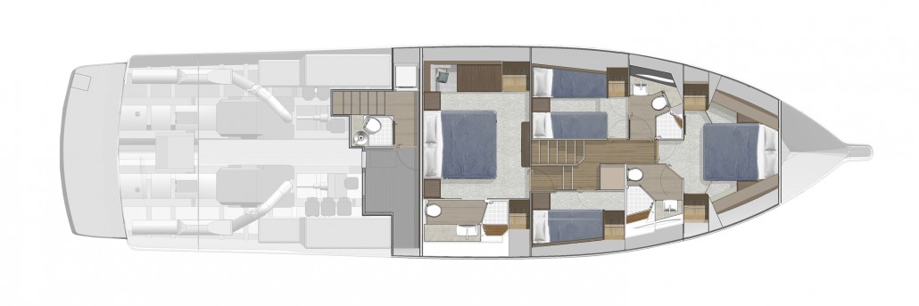 Featuring up to four staterooms, the 68 model’s accommodation layout features a full-beam master stateroom, impressive VIP guest stateroom forward and spacious staterooms to both port and starboard.