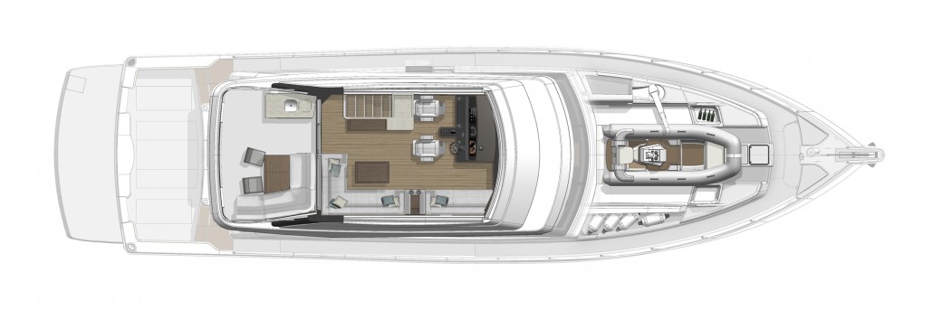 The spacious flybridge of the 68 Sports Motor Yacht can be accessed via an internal staircase.