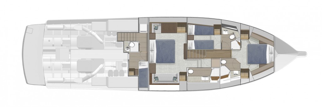 The presidential suite design of the 68 Sports Motor Yacht offers even greater space in the full-beam master stateroom.