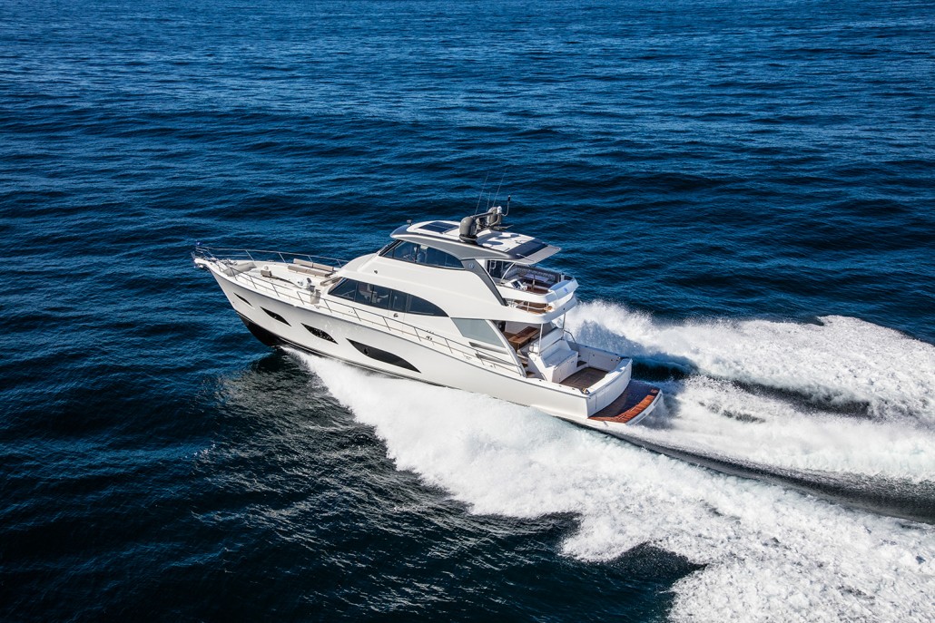 Riviera 68 Sports Motor Yacht at speed during sea trials off Queensland's Gold Coast.