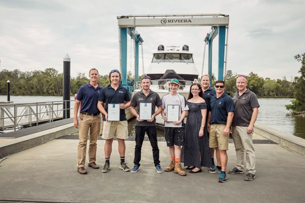 Riviera apprentice winners with the leadership team, from left: Chairman and owner Rodney Longhurst, Jack Gleadhill, Jayden Lee and Joel Neucom, Training Administration Assistant Keira Shanks, CEO Wes Moxey, Training Manager Adam Houlahan and Chief Operating Office Richard Appleby.