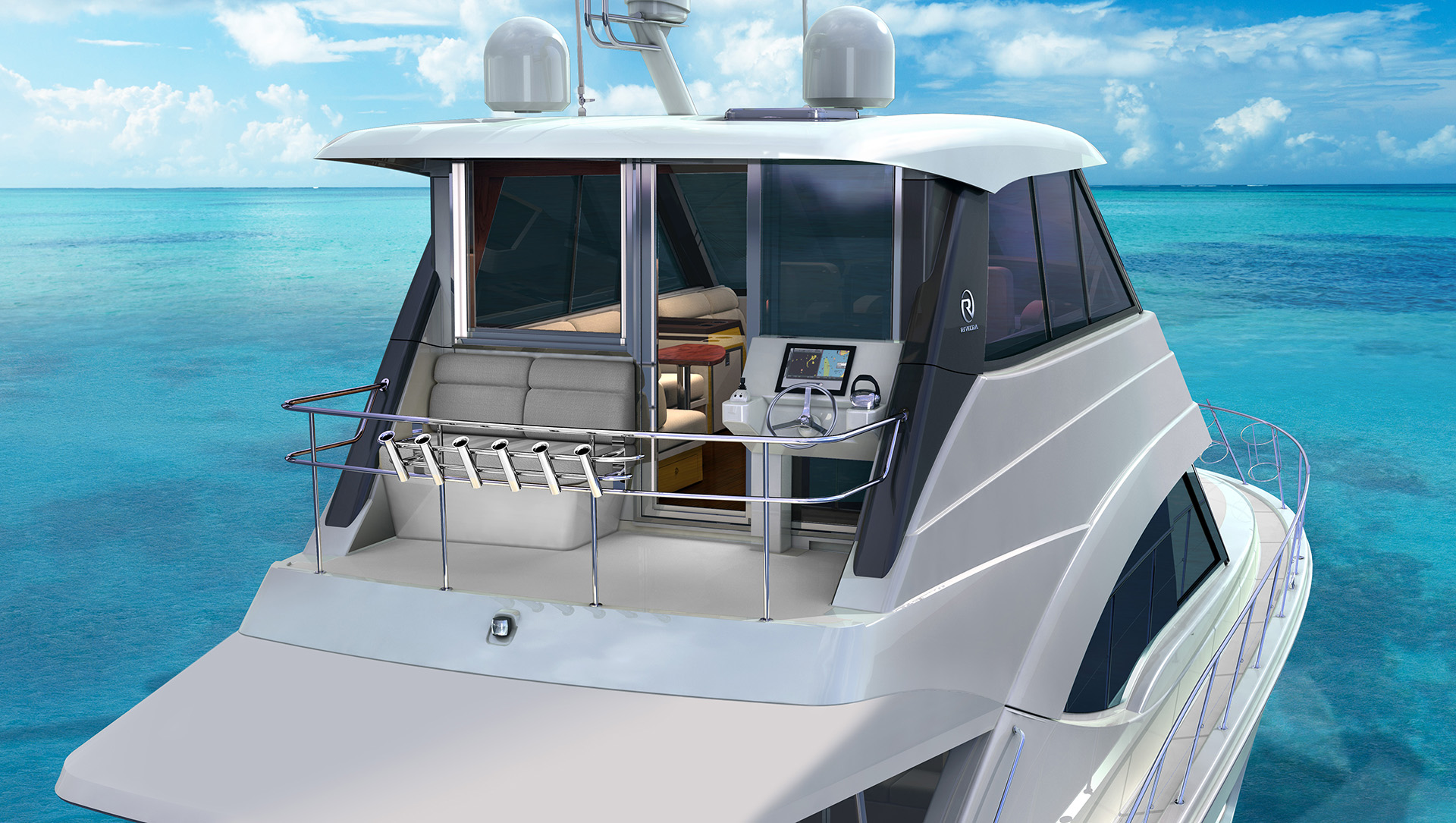 The fully enclosed flybridge of the 57 features an ultramodern helm, stylish sky lounge and rear deck with aft docking station-2