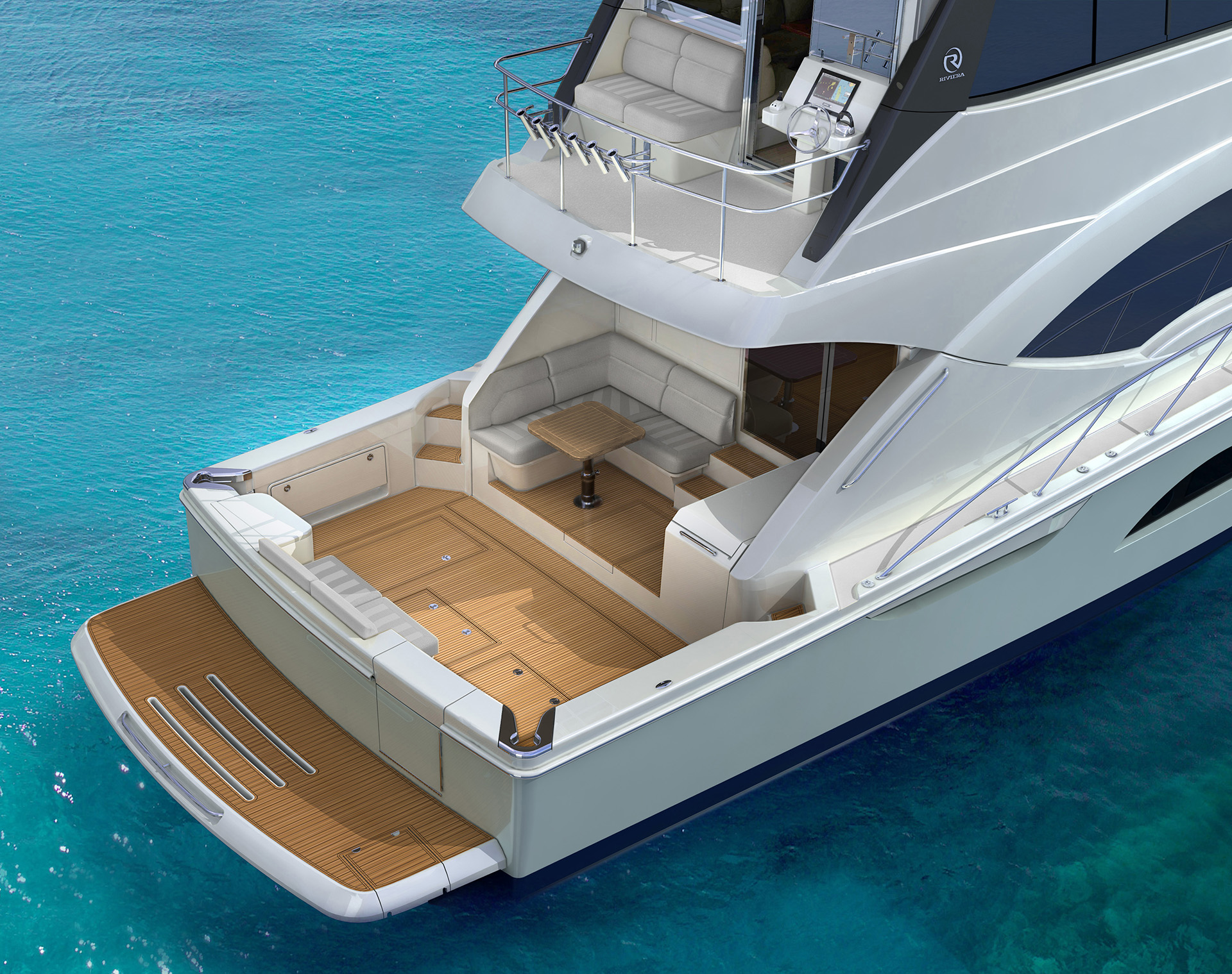 With a new and distinctive design, the Riviera 57 Enclosed Flybridge retains the indoor outdoor characteristics and cockpit connectivity of which Riviera has made an art form-2